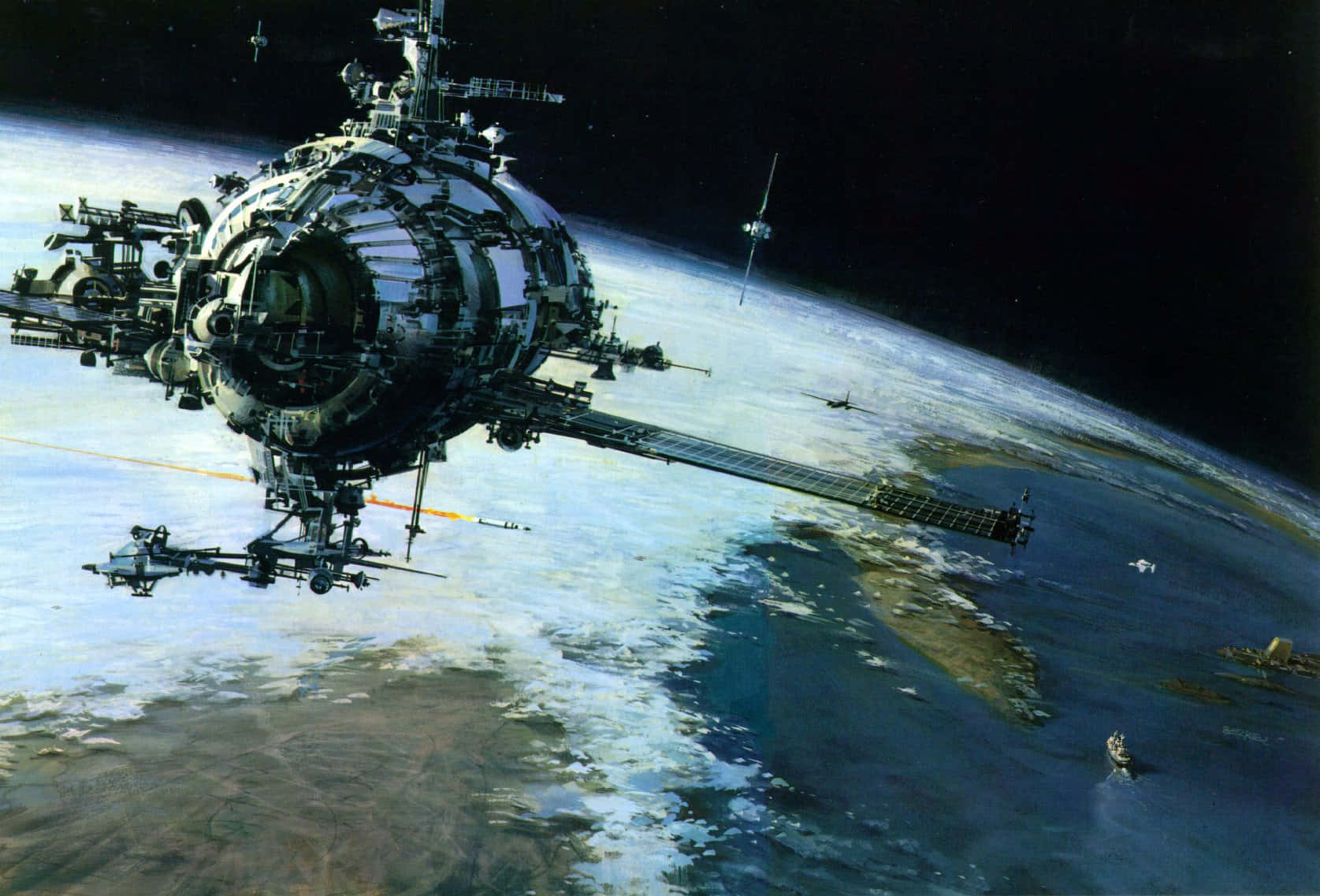 Spacecraft 桌布 壁紙 — 一個巨大的太空站繞地球運行，有太空船對接，行星彎曲的地平線在下方發光。