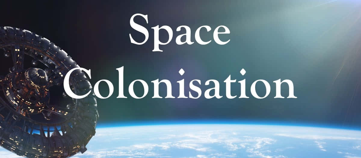 Space Colonization 桌布 壁紙 — 一個巨大的太空站繞地球運行，發光的窗戶映襯著藍色星球和繁星點點的黑色天空。