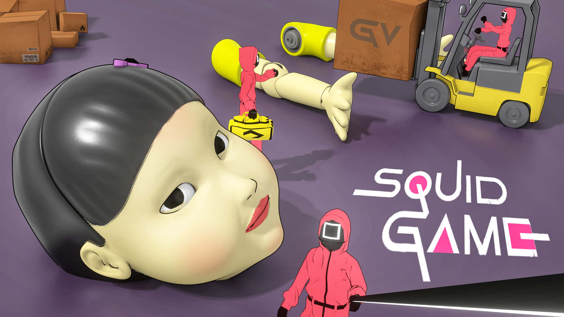 Squid Game 桌布 壁紙 — 一個巨大的娃娃頭躺在紫色地板上，身穿紅色西裝的小人物正在用堆高機和箱子玩遊戲。