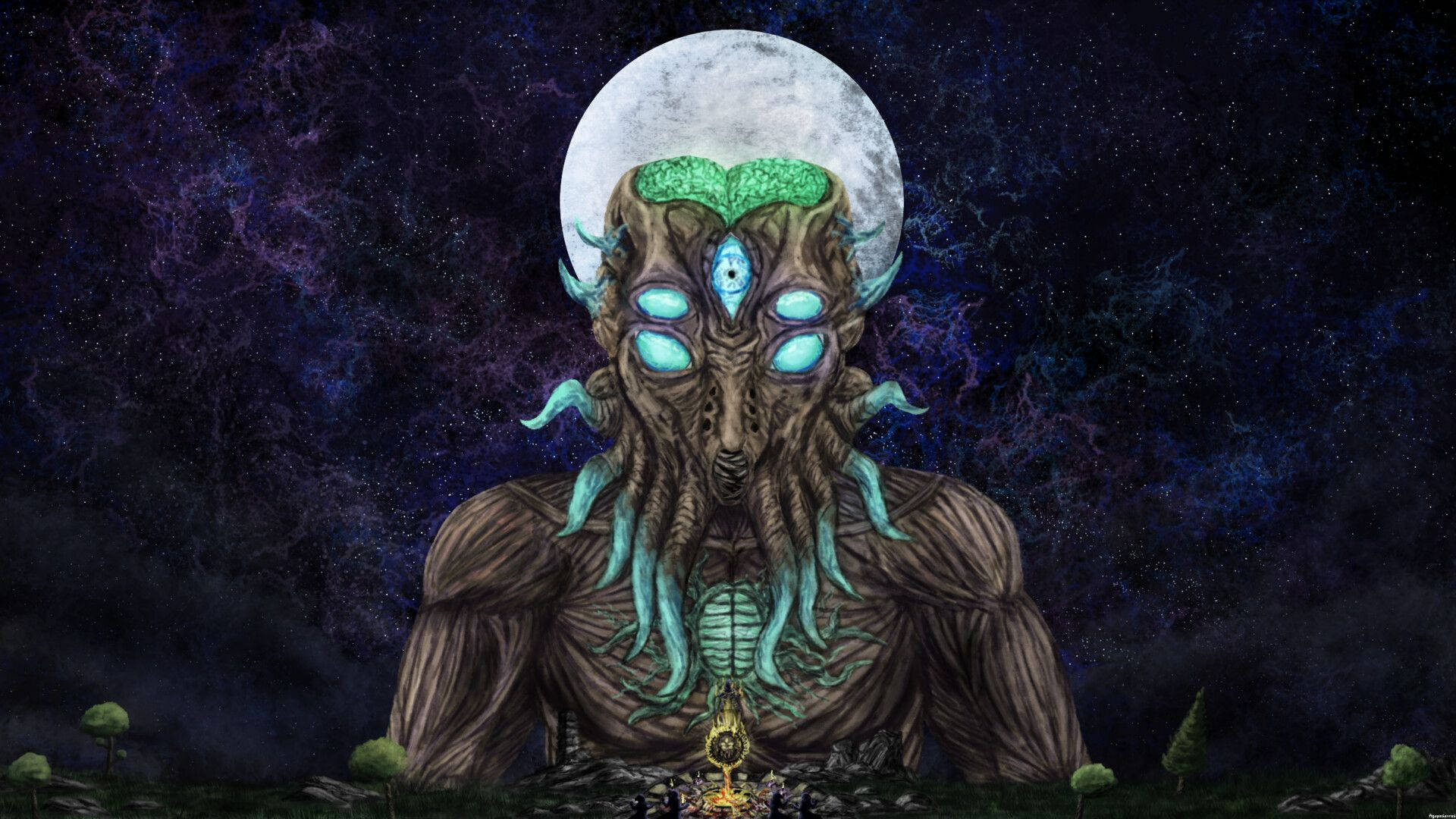 Terraria Moon Lord 桌布 壁紙 — 一個巨大的宇宙實體，擁有發光的藍色眼睛和觸手，在滿月前升起，背景是星空夜空。