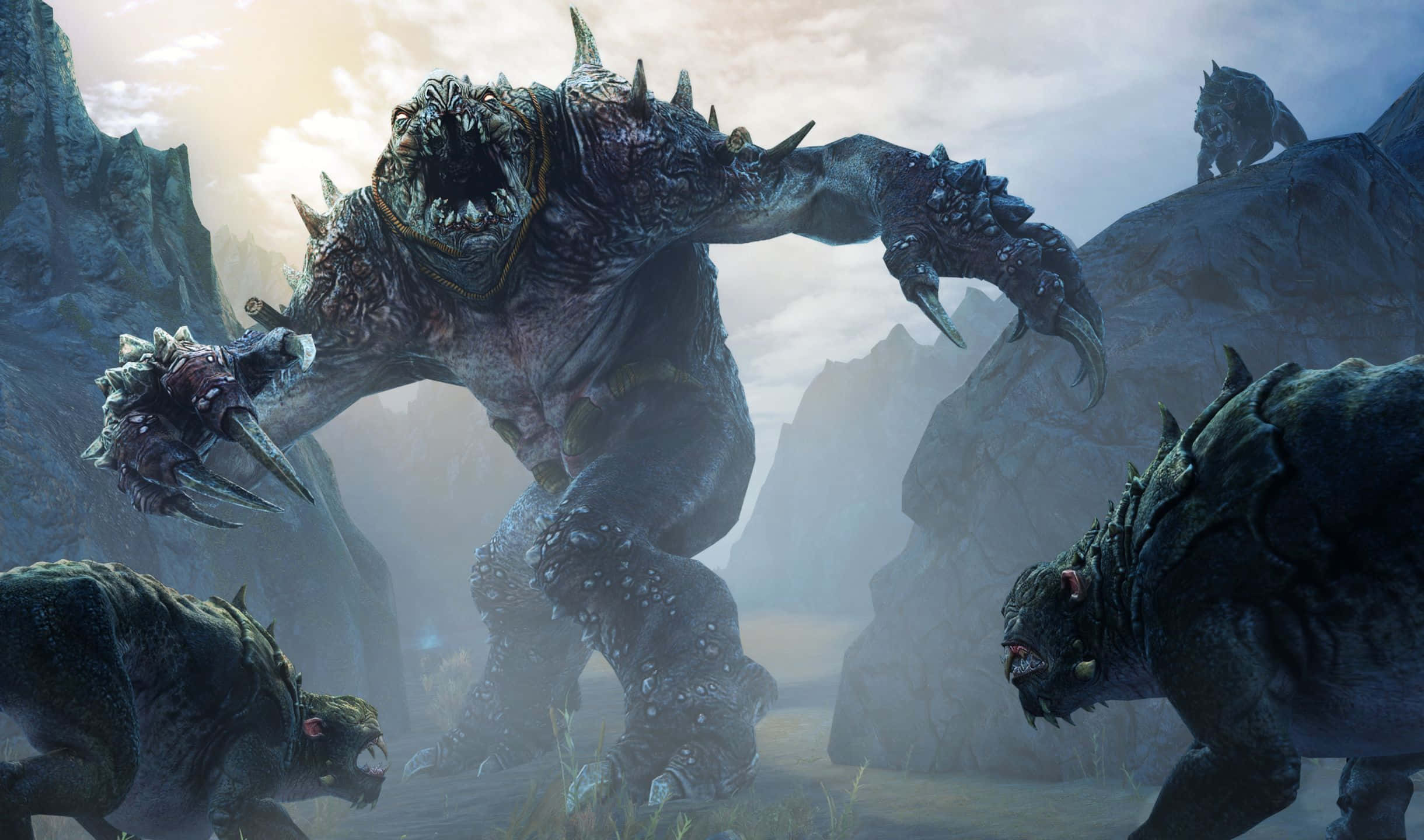 2440x1440 Shadow Of Mordor 桌布 壁紙 — 一個巨大的尖刺怪物，擁有發光的眼睛和利爪，在迷霧籠罩的山谷中威風凜凜地站立，較小的野獸正在前進。