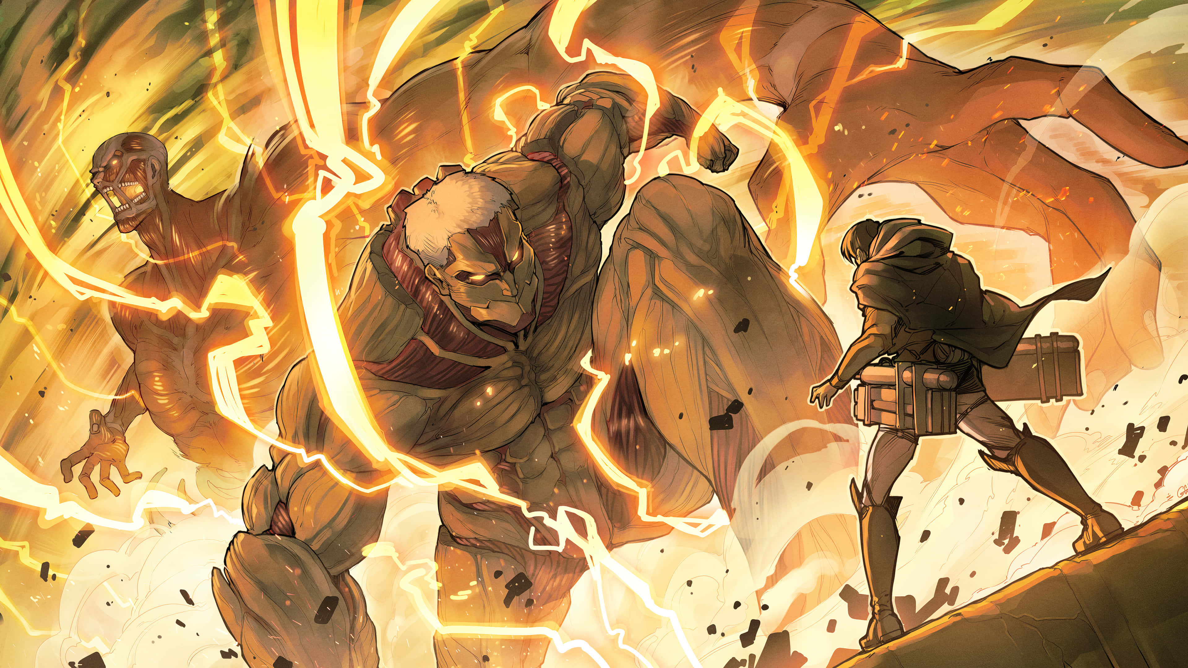 Armored Titan 桌布 壁紙 — 一個巨大的巨人，周圍有發光的黃色閃電劈啪作響，一名裝備齊全的士兵在動態的動漫戰鬥場景中向前衝鋒。