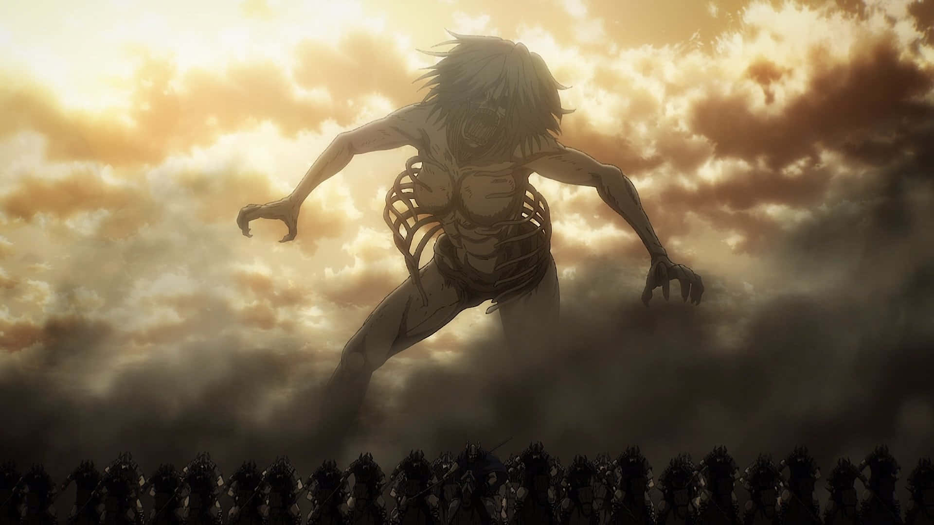 Founding Titan 桌布 壁紙 — 一個巨大的巨人向前邁進，背景是戲劇性的日落天空，下方一排士兵以剪影站立。