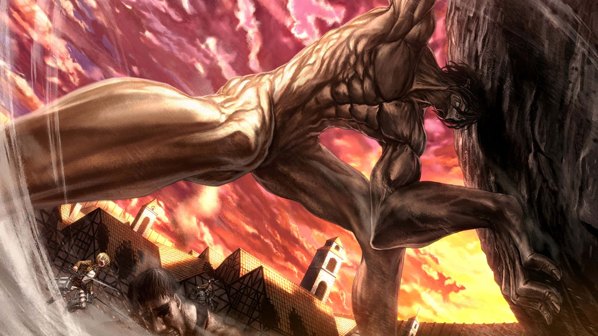 Giant Creatures 桌布 壁紙 — 一個巨大的巨人在火紅的天空下壓碎一個中世紀小鎮，而微小的戰士在下面戰鬥。
