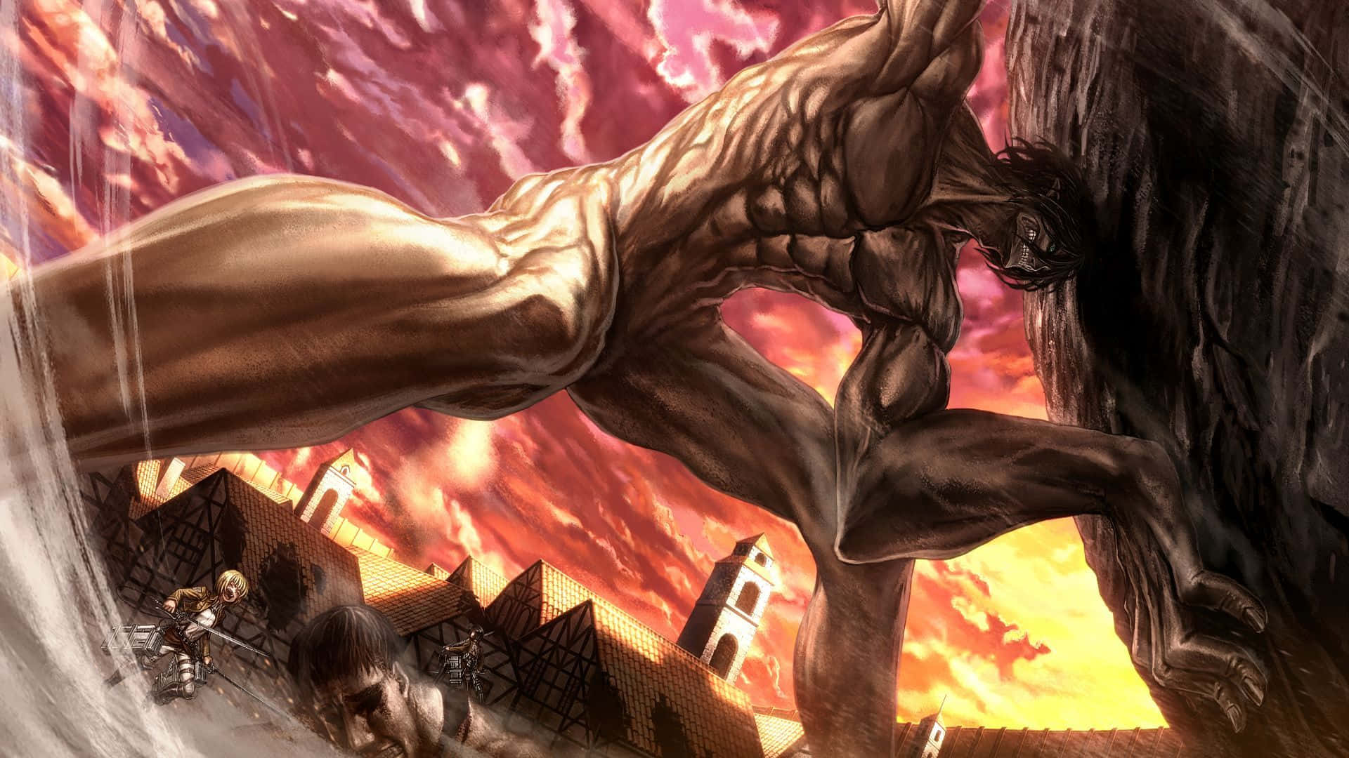Attack On Titan Laptop 桌布 壁紙 — 一個巨大的巨人在火紅的深紅色天空下壓碎一個中世紀小鎮，而細小的戰士在下面戰鬥。