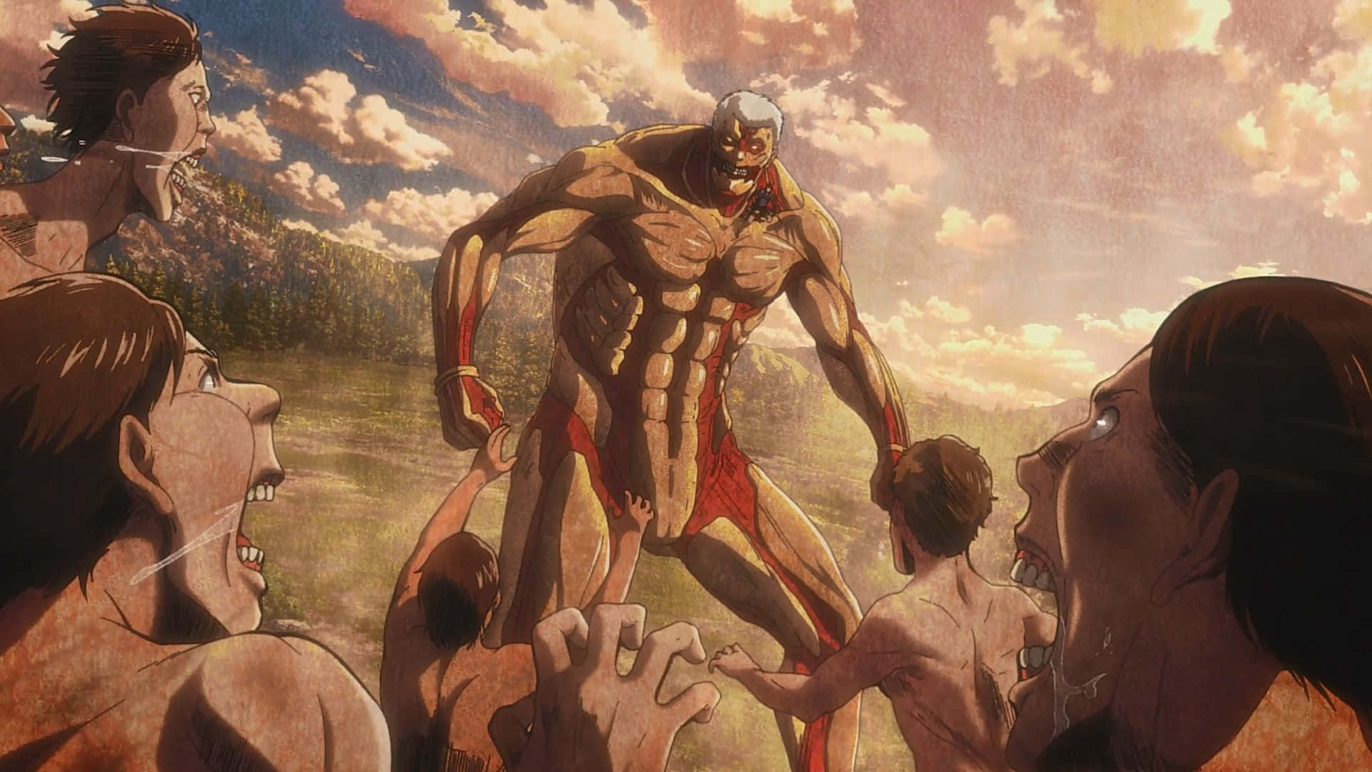 Armored Titan 桌布 壁紙 — 一個巨大的巨人在陽光照耀的田野上，在多雲的天空下，籠罩著驚恐的人類。