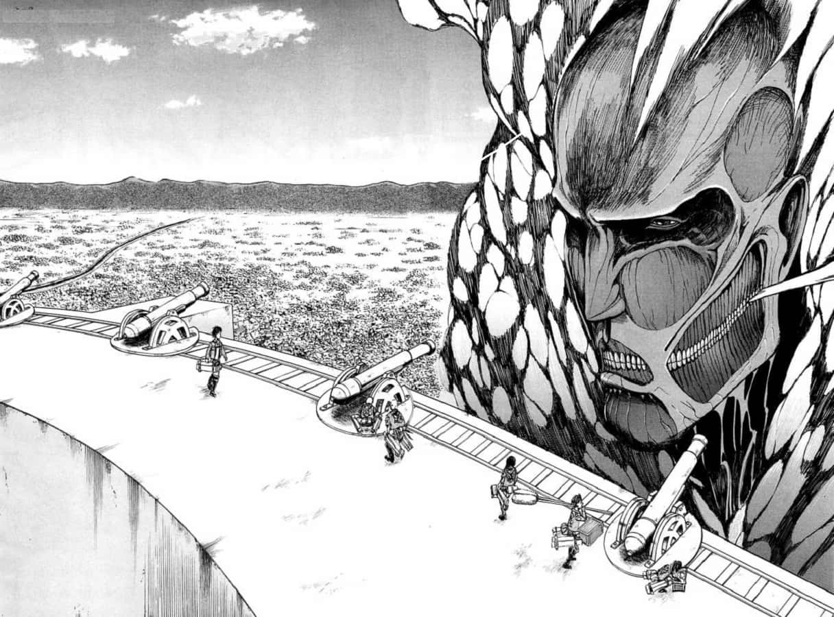 Manga Series 桌布 壁紙 — 一個巨大的巨人聳立在一道堅固的城牆之上，細小的士兵們帶著大砲向它那巨大且紋理分明的臉龐前進。