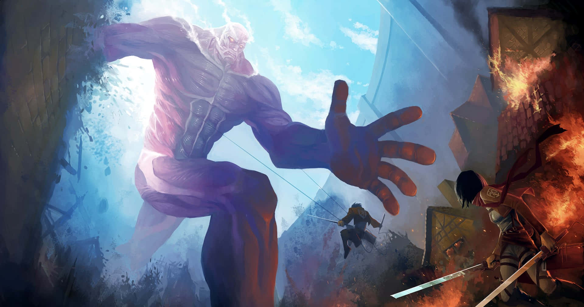 Giant Creatures 桌布 壁紙 — 一個巨大的巨人聳立於燃燒的城市之上，身穿盔甲的戰士們在倒塌的建築物和煙霧中揮劍反擊。