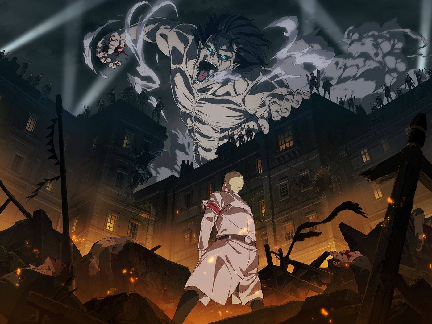 Eren Season 4 桌布 壁紙 — 一個巨大的巨人頭頂咆哮，一名孤獨的士兵在燃燒的城市景觀中夜間挑釁地站立。