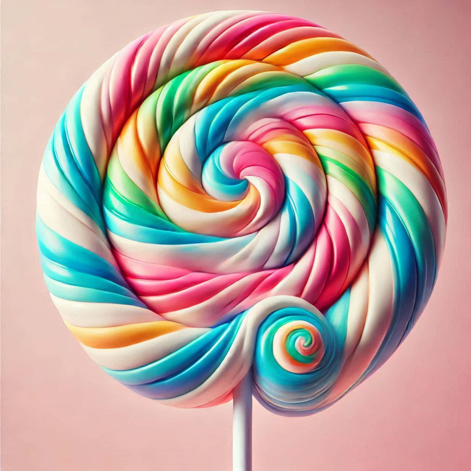 lollipop isolated on white background 壁紙 — 一個巨大的彩虹漩渦棒棒糖，帶有光澤的糖果條紋，在柔和的粉紅色背景上盤旋成催眠般的中心。