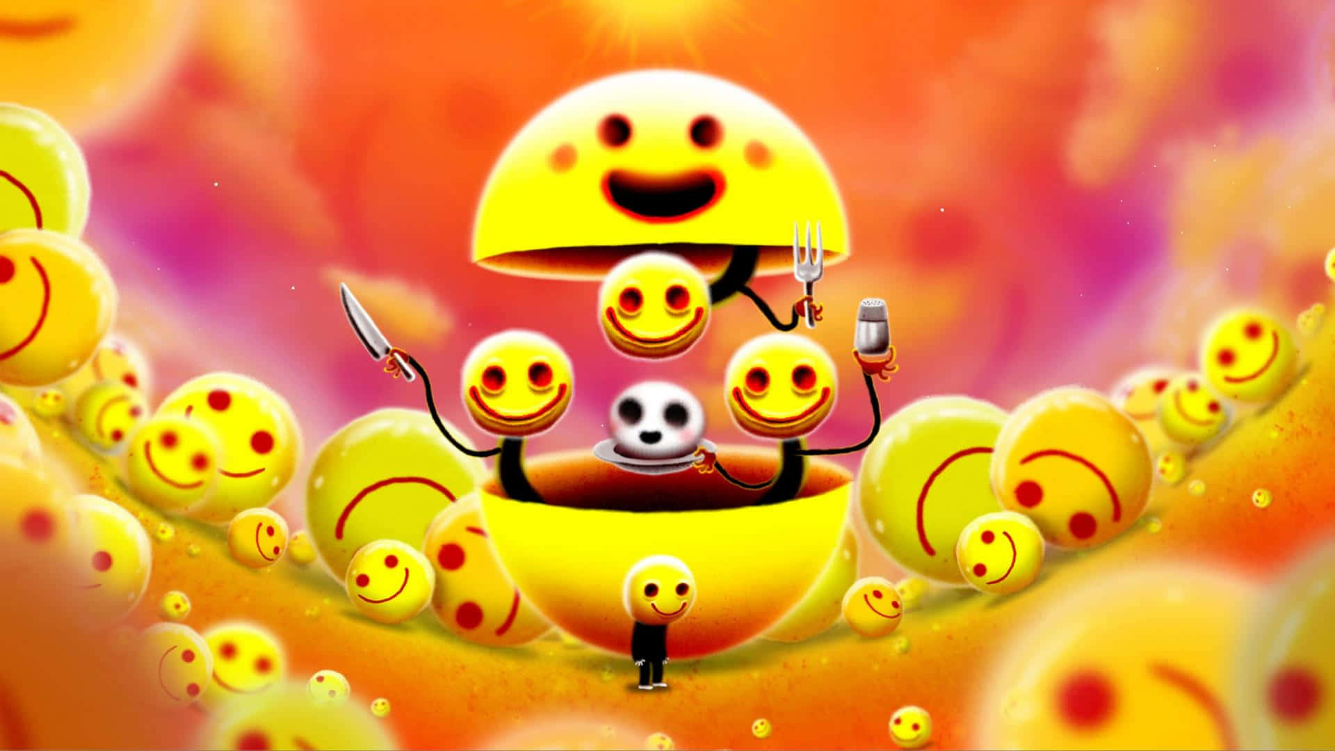 game 桌布 壁紙 — 一個巨大的微笑表情符號貝殼打開，露出較小的表情符號揮舞著廚房工具和一個盤子上的骷髏頭，背景是充滿活力的橙粉漸變色。