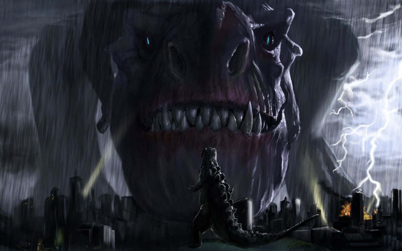 Godzilla 2014 桌布 壁紙 — 一個巨大的怪獸哥吉拉在雨中的城市上空盤旋，而哥斯拉在閃電中挑釁地站在下方。