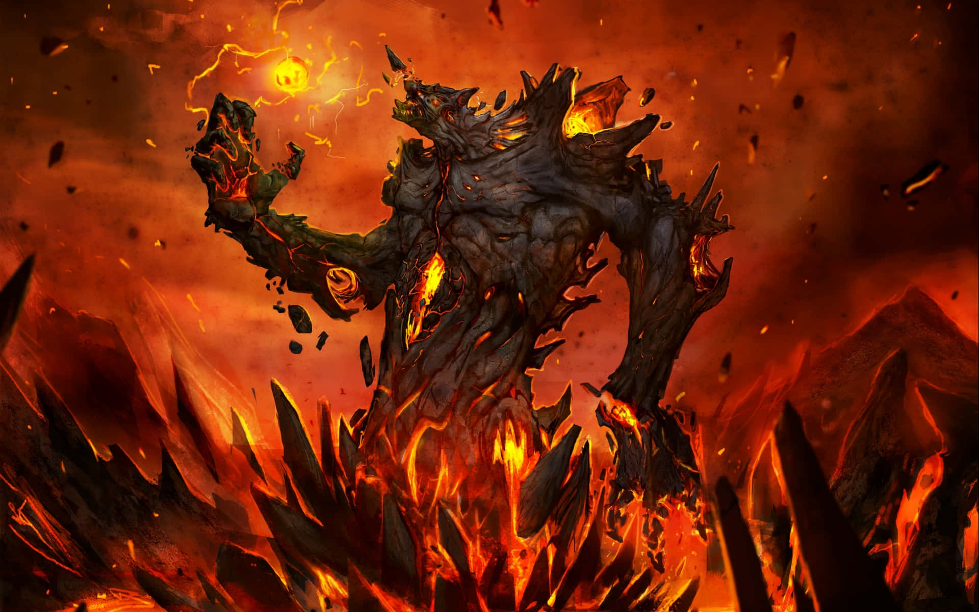 惡魔動圖 桌布 壁紙 — 一個巨大的惡魔形象從熾熱的熔岩中爆發，帶有發光的眼睛和鋸齒狀的尖刺，襯著熔化的天空。
