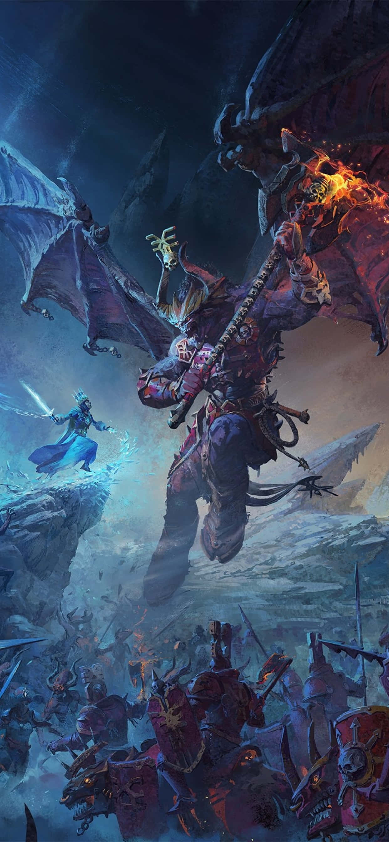 iPhone X Total War Warhammer 桌布 壁紙 — 一個巨大的惡魔軍閥，手持火焰劍和蝙蝠般的翅膀，在懸崖上與一個孤獨的藍袍法師戰鬥，周圍是黑暗戰士的大軍。