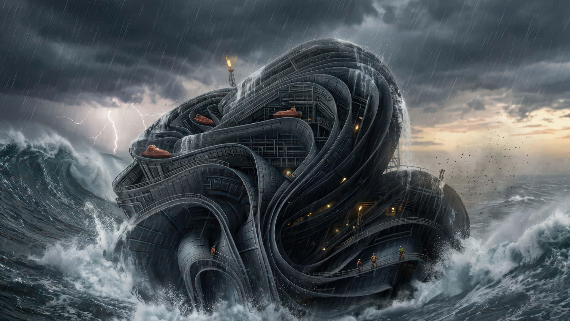 Oil refinery bloom station on the ocean modded wallpaper for desktop Enhancement 壁紙 — 一個巨大的扭曲金屬結構在暴風雨的天空下與滔天巨浪搏鬥，閃電照亮了它發光的窗戶。