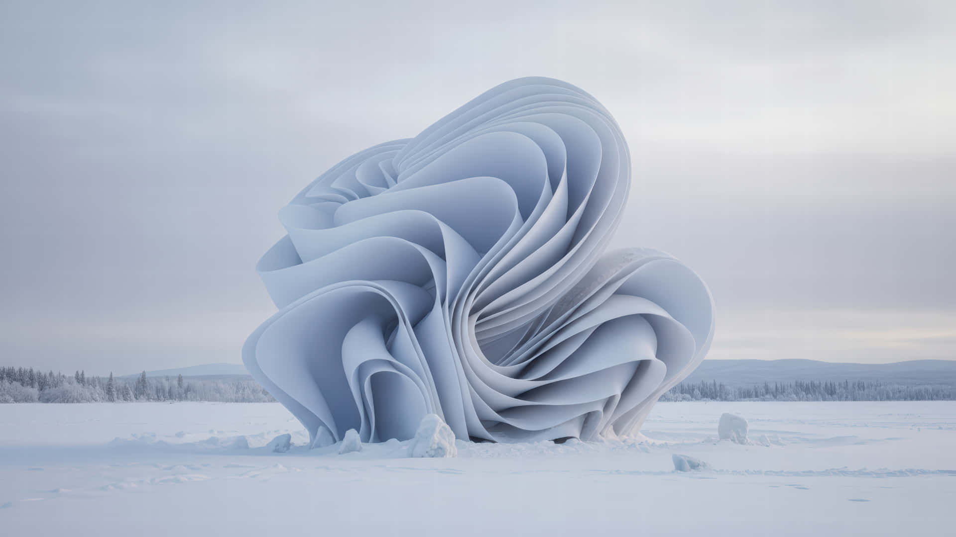 Arctic Bloom on frozen lake modded wallpaper for desktop Enhancement, 壁紙 — 一個巨大的抽象雕塑，帶有流動的層疊曲線，獨自矗立在廣闊的雪景中，天空蒼白。