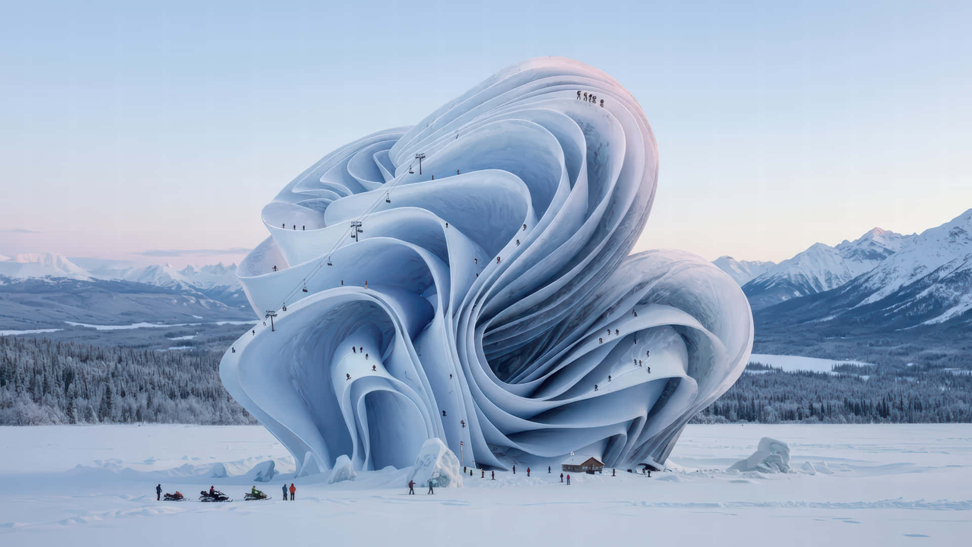 滑雪者在白雪覆蓋的山地景觀中攀爬一個巨大的冰凍冰雕。 — 雪 壁紙