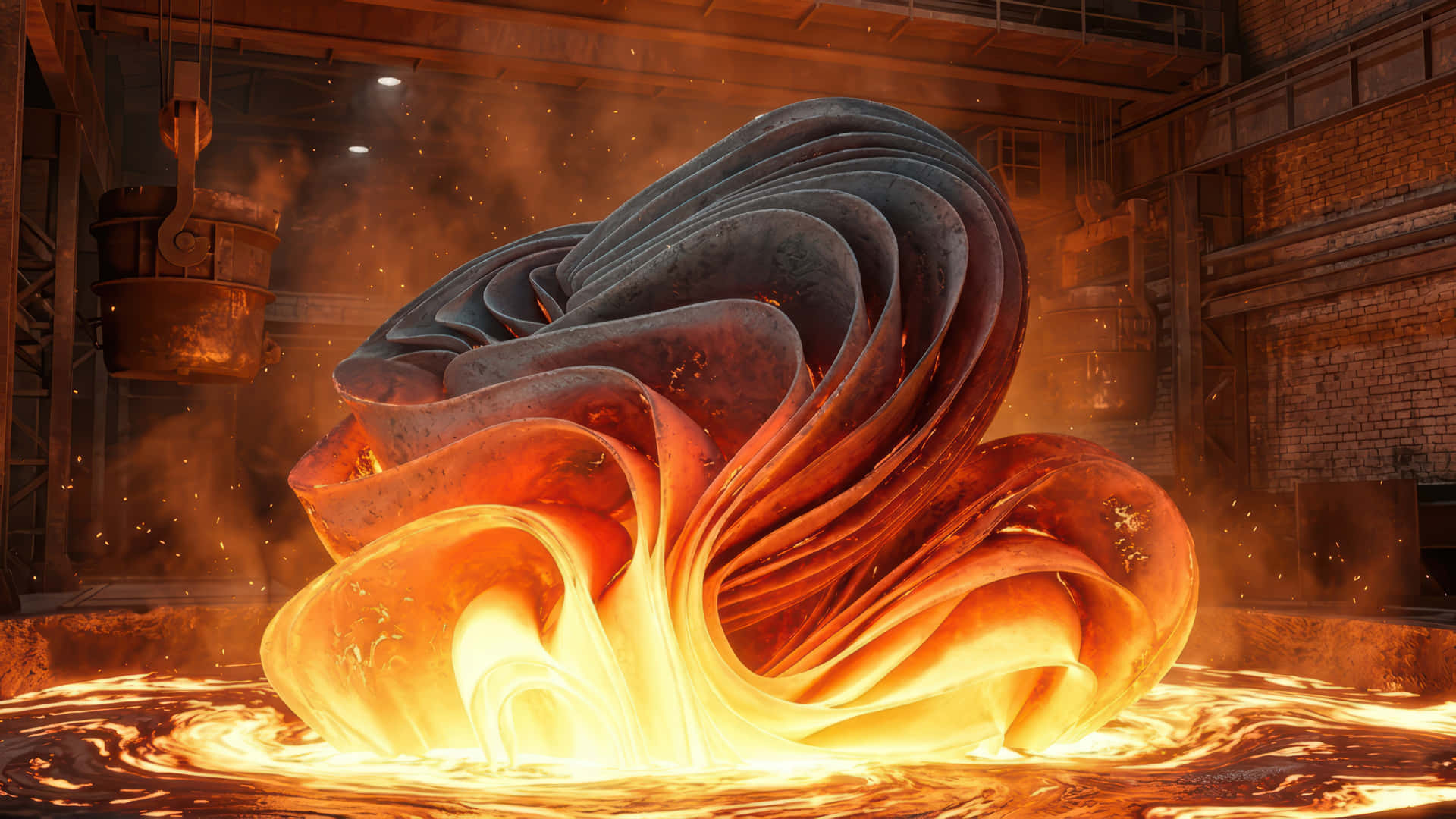 Incandescent Bloom on a foundry modded wallpaper for desktop Enhancement 壁紙 — 一個巨大的旋轉熔融金屬雕塑在煙霧瀰漫的工業鑄造廠中發出強烈光芒。