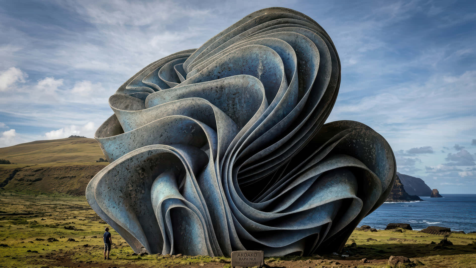 Rapanui Bloom modded wallpaper for desktop Enhancement, 壁紙 — 一個巨大的旋轉藍色金屬雕塑主宰著一片草地海岸平原，天空部分多雲，附近有一個人站著作為比例參考。
