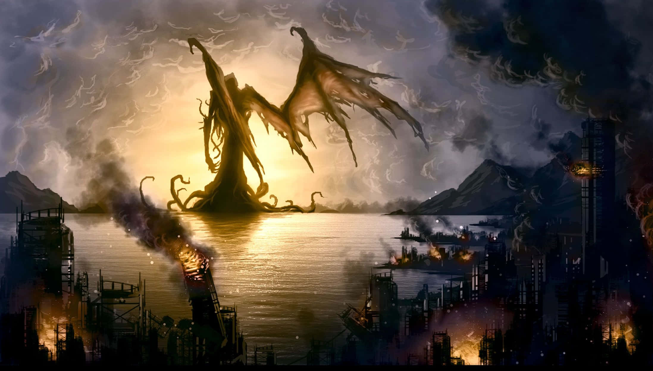Myths 桌布 壁紙 — 一個巨大的有翼怪物從受污染的海灣升起，一座被毀的城市在暴風雨的黃昏天空下燃燒。