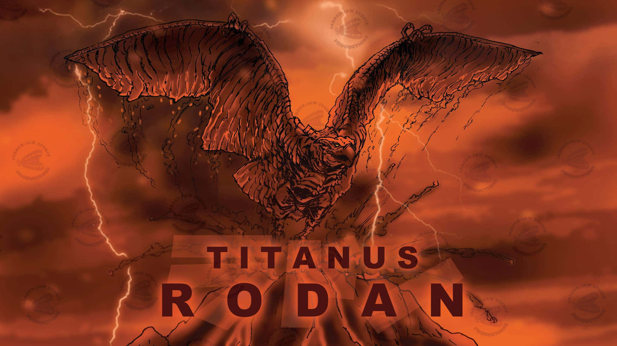 Rodan 桌布 壁紙 — 一個巨大的有翼泰坦在風暴般的橙色天空中咆哮，閃電劈啪作響，照亮了它紋理分明的形態。