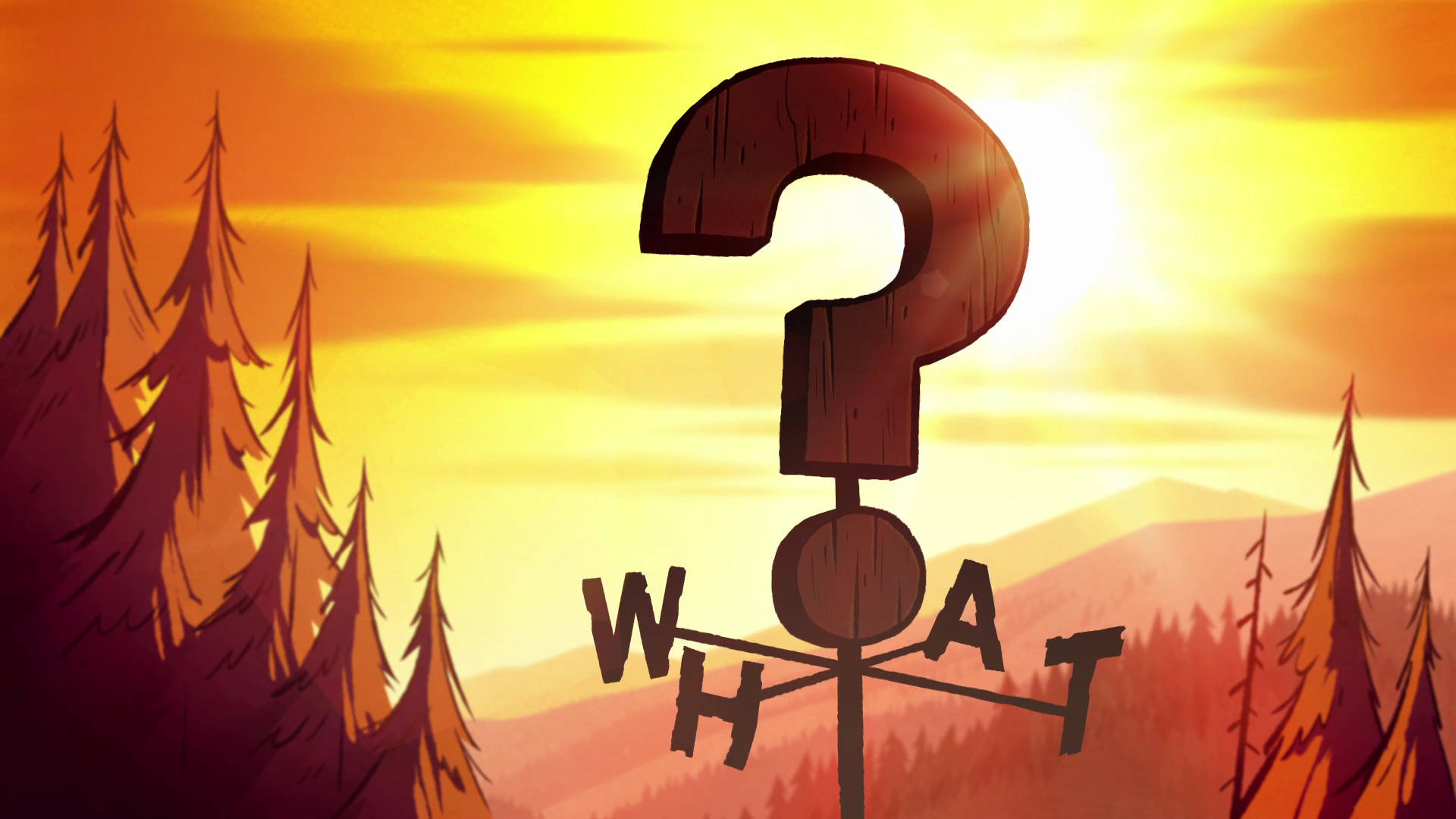 what 桌布 壁紙 — 一個巨大的木製問號矗立在日落時分的森林中，下方有「WHAT」這個詞。