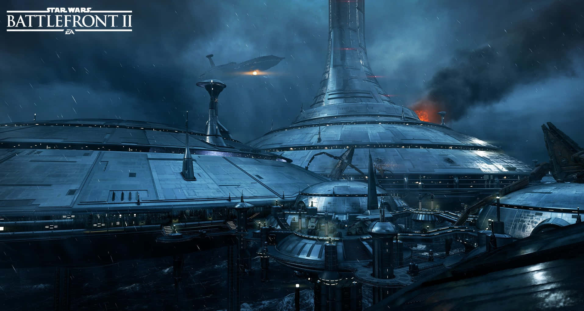 Kamino 桌布 壁紙 — 一個巨大的未來太空站，在暴風雨的夜空下，雨水和遠處的爆炸照亮了它的金屬表面。