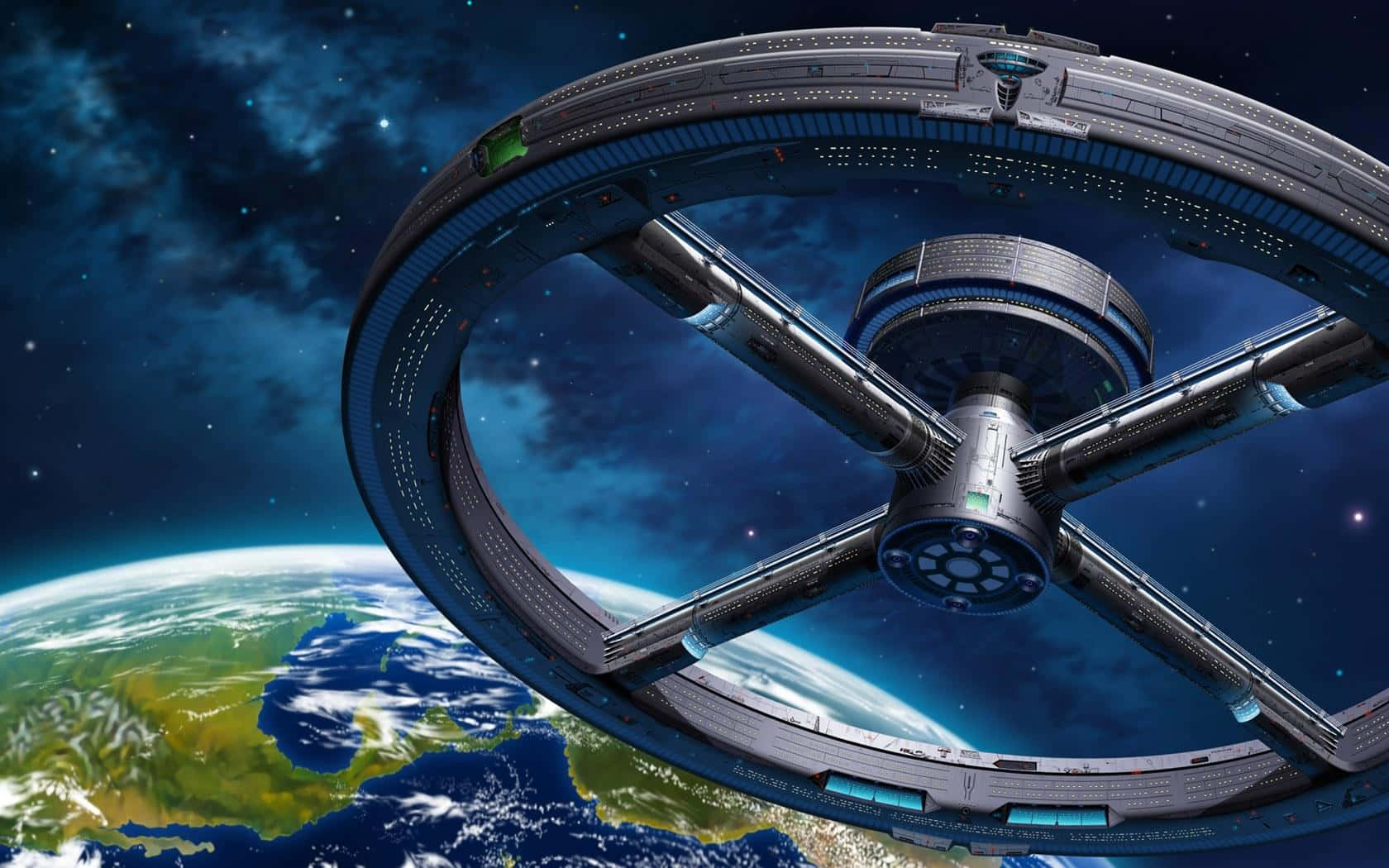 Space Technology 桌布 壁紙 — 一個巨大的未來太空站，在繁星點點的夜空下繞地球運行，下方是閃爍的城市燈光。