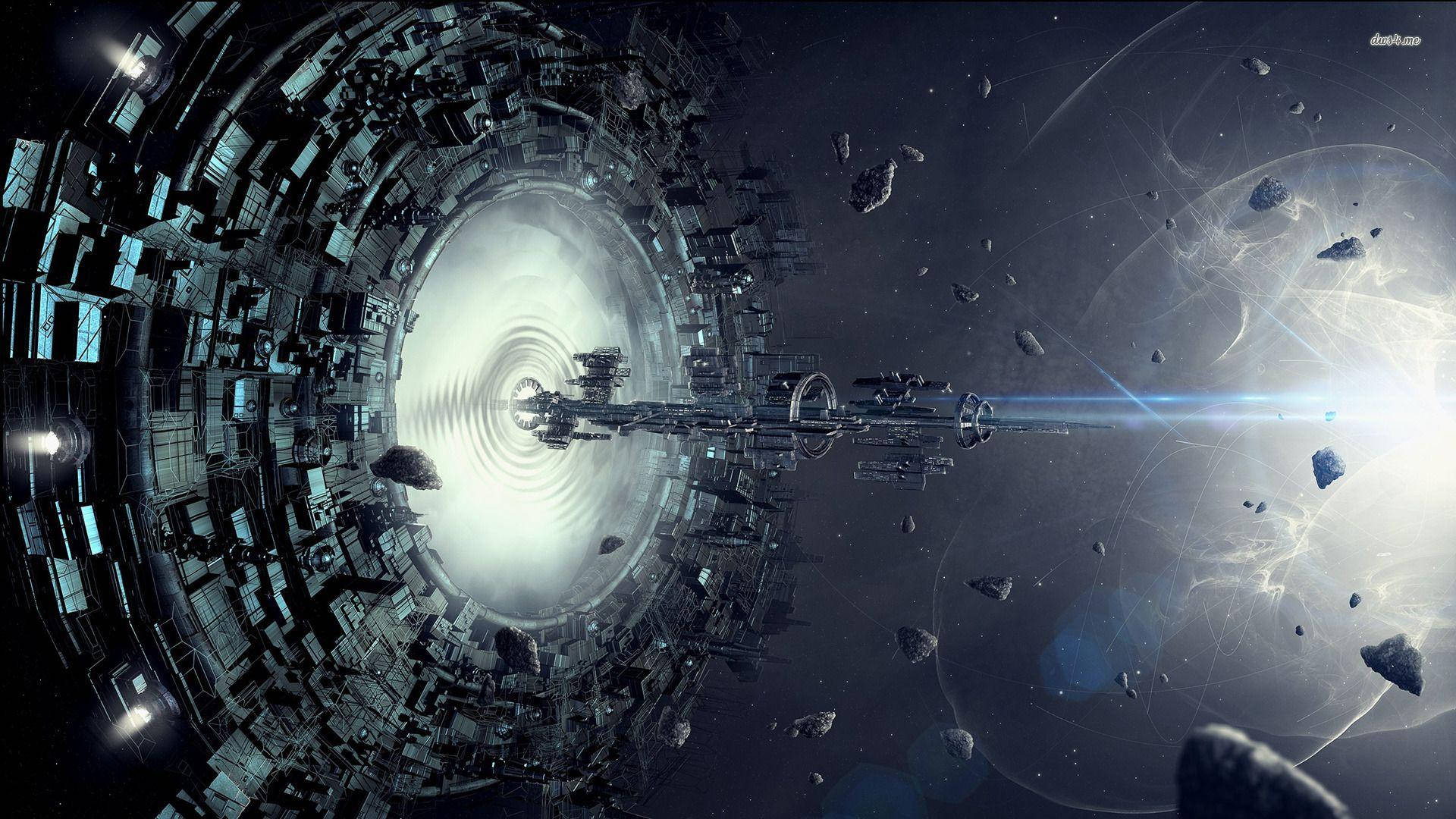 Spaceship 桌布 壁紙 — 一個巨大的未來太空站圍繞著一個發光的蟲洞運行，周圍漂浮著小行星和宇宙光束。