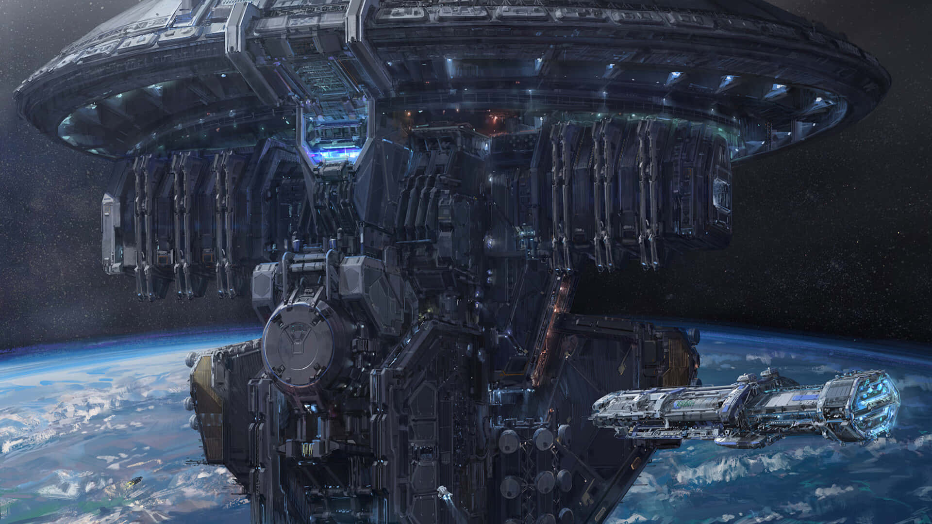 Space Station 桌布 壁紙 — 一個巨大的未來太空站懸浮在地球上空，附近有一艘時尚的太空船停靠，背景是星空。