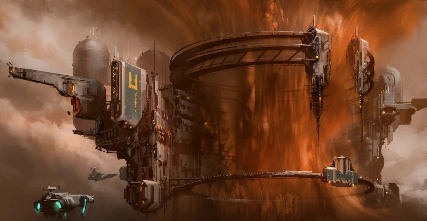 Space Mining 桌布 壁紙 — 一個巨大的未來太空站漂浮在旋轉的橙色雲層中，附近有發光的藍色飛船。