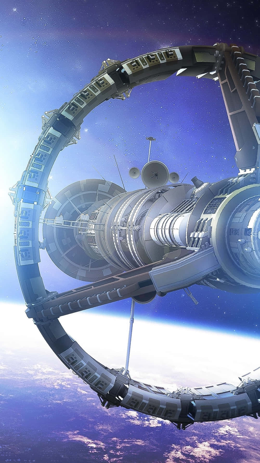 Space Technology 桌布 壁紙 — 一個巨大的未來太空站環繞地球運行，下方是發光的藍色行星，深紫色天空中佈滿星星。