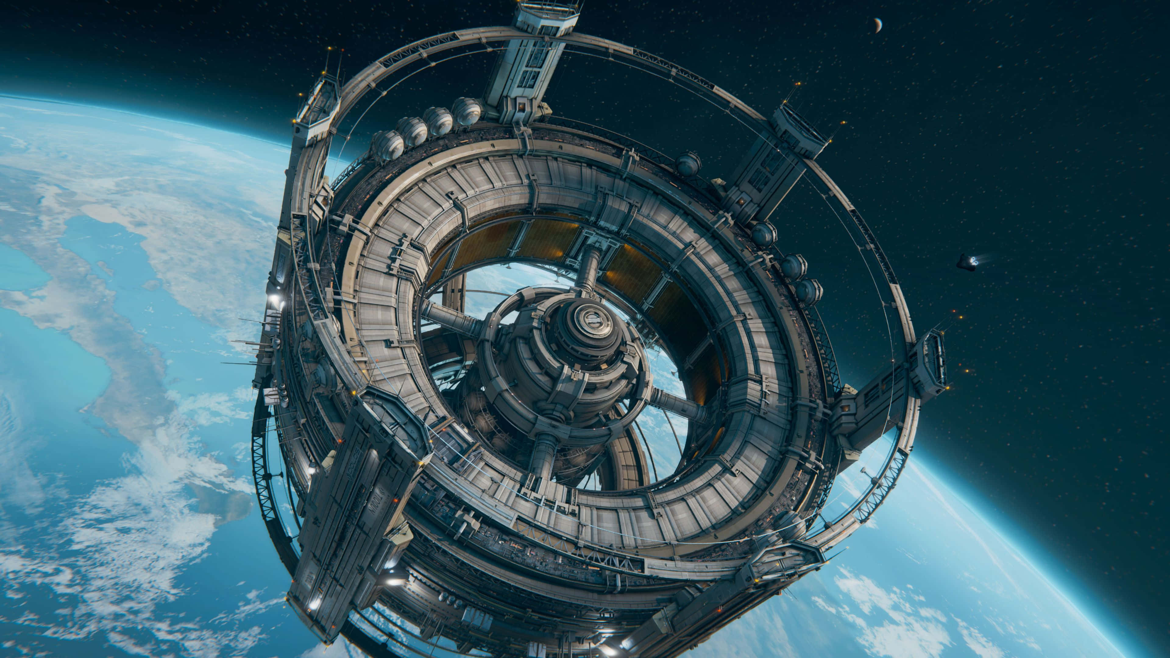 Sci Fi Games 桌布 壁紙 — 一個巨大的未來太空站環繞地球運行，帶有複雜的金屬環和發光面板，背景是繁星點點的宇宙。