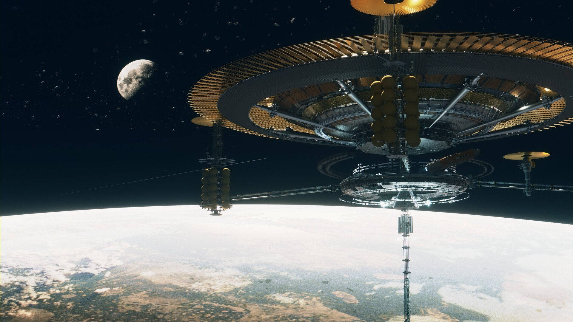 酷炫太空 桌布 壁紙 — 一個巨大的未來太空站繞地球運行，月亮在繁星點點的黑夜中清晰可見。