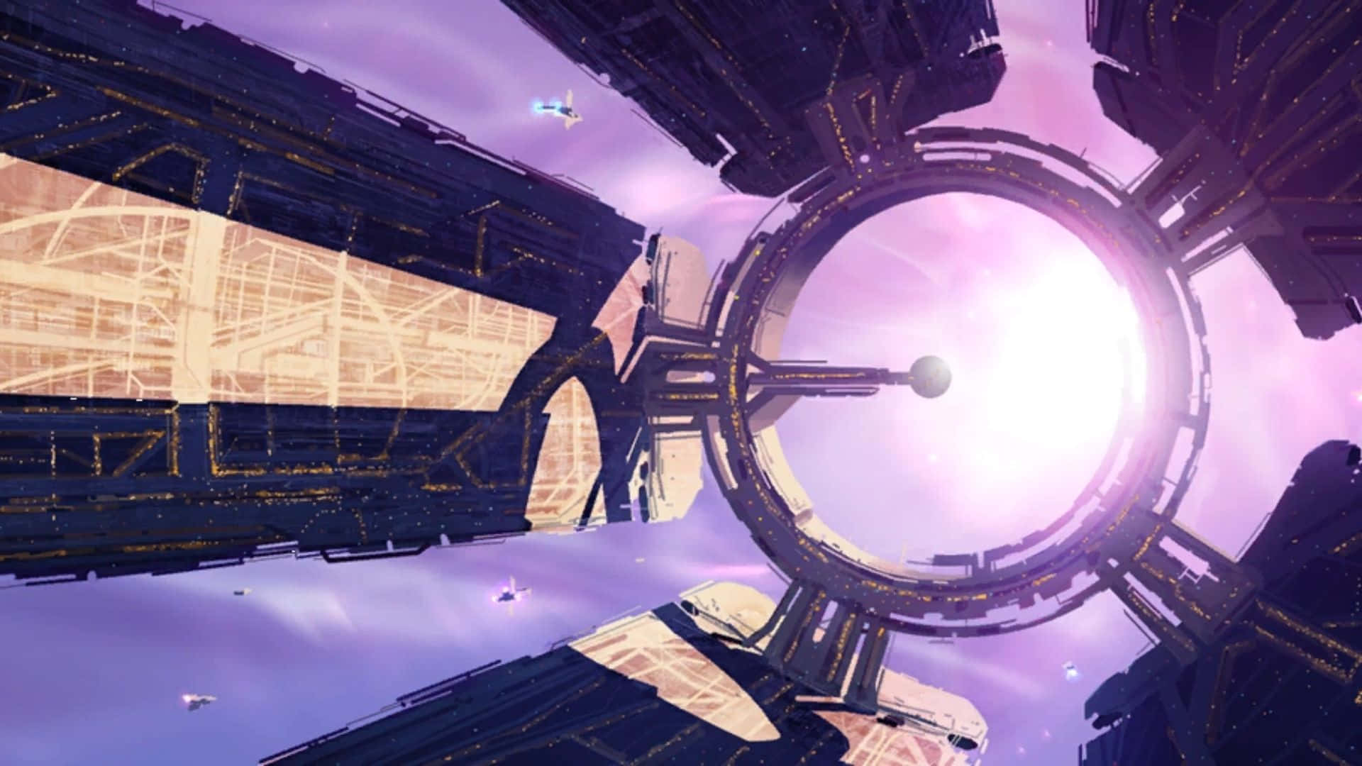 Mass Effect Citadel 桌布 壁紙 — 一個巨大的未來風格環形太空站，在繁星點點的宇宙背景下發出紫色光芒，周圍漂浮著太空船。