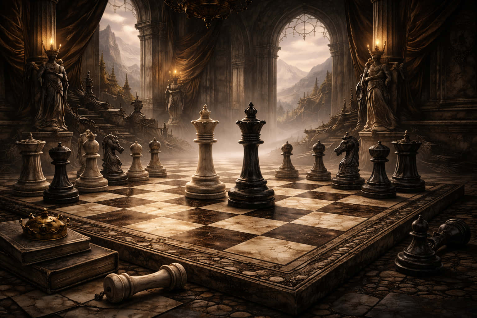 Queen 桌布 壁紙 — 一個巨大的棋盤，上面有對立的石製棋子軍隊，矗立在宏偉的哥德式大廳中，大廳內有雕像，拱形窗外是霧濛濛的山景。