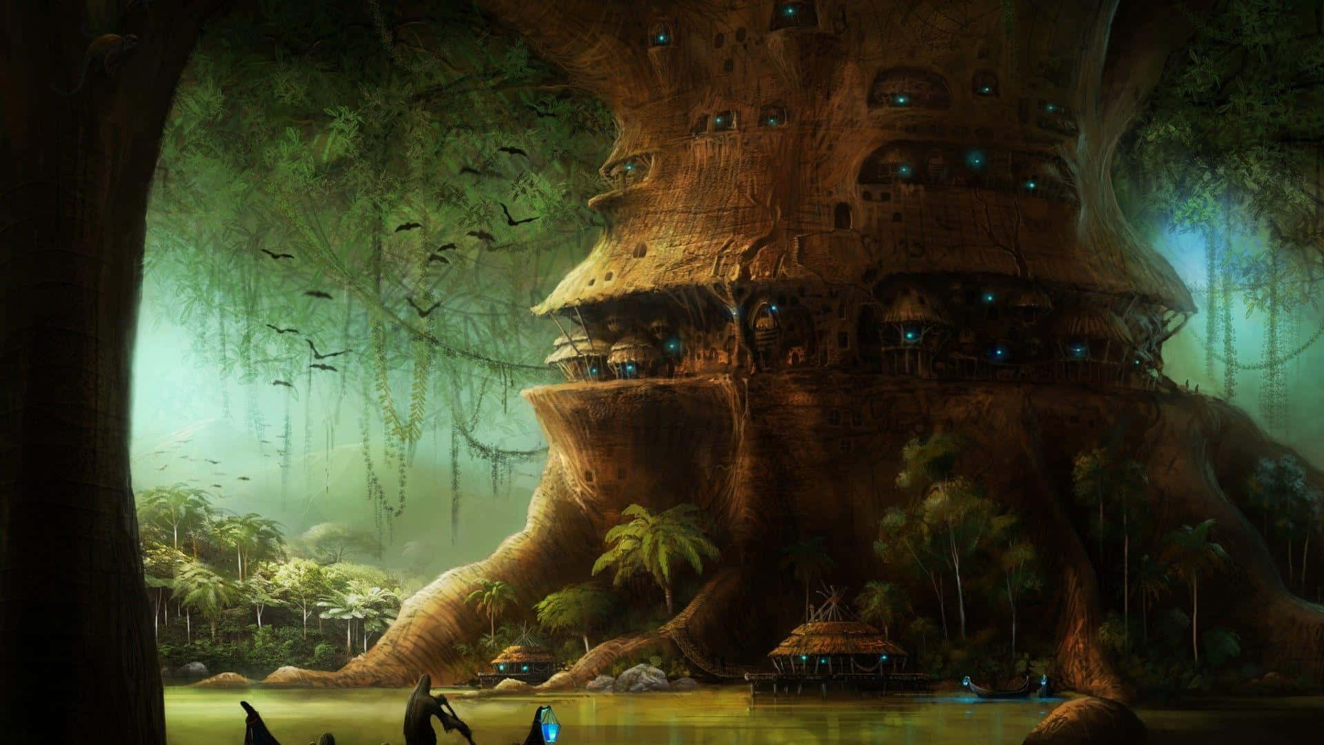 Mystical 桌布 壁紙 — 一個巨大的樹屋村莊在霧氣瀰漫的叢林河谷中閃爍著藍光。