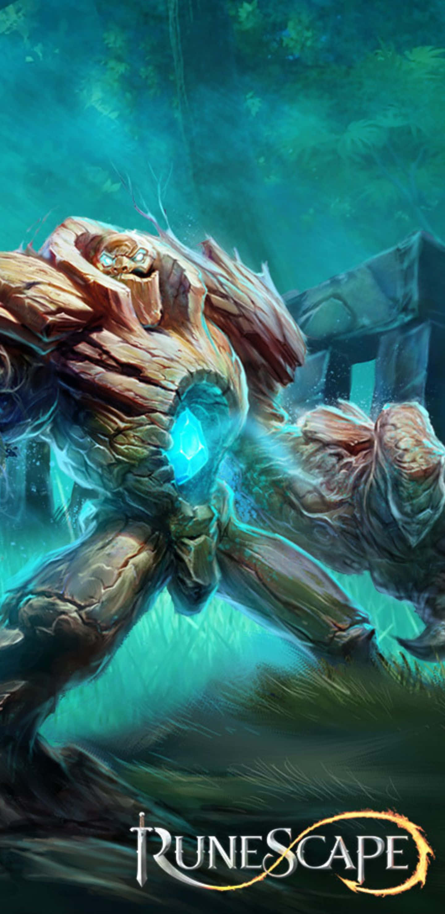 Pixel 3xl Runescape 桌布 壁紙 — 一個巨大的樹狀生物，帶有發光的藍色核心，在霧氣瀰漫的森林空地中威風凜凜地站立。