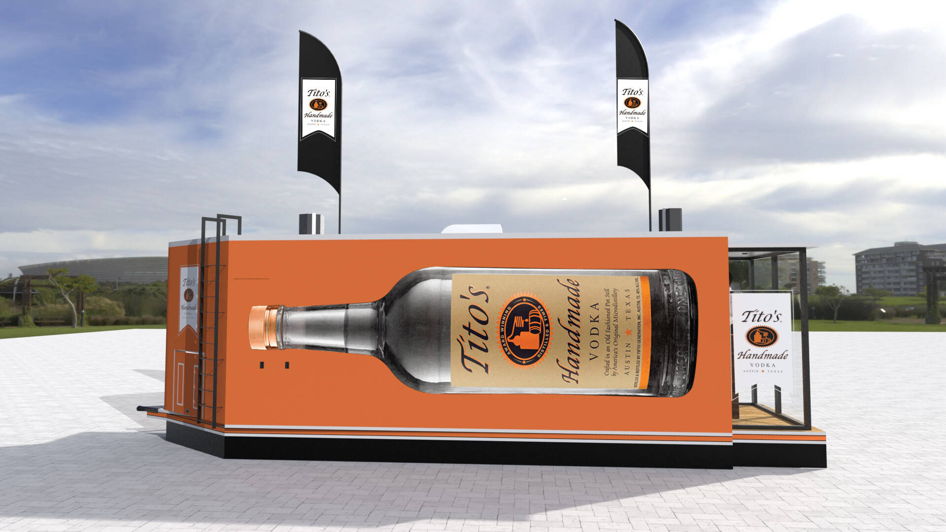 海灘 桌布 壁紙 — 一個巨大的橙色Tito's Vodka酒瓶結構矗立在戶外，背景有品牌旗幟和現代建築。
