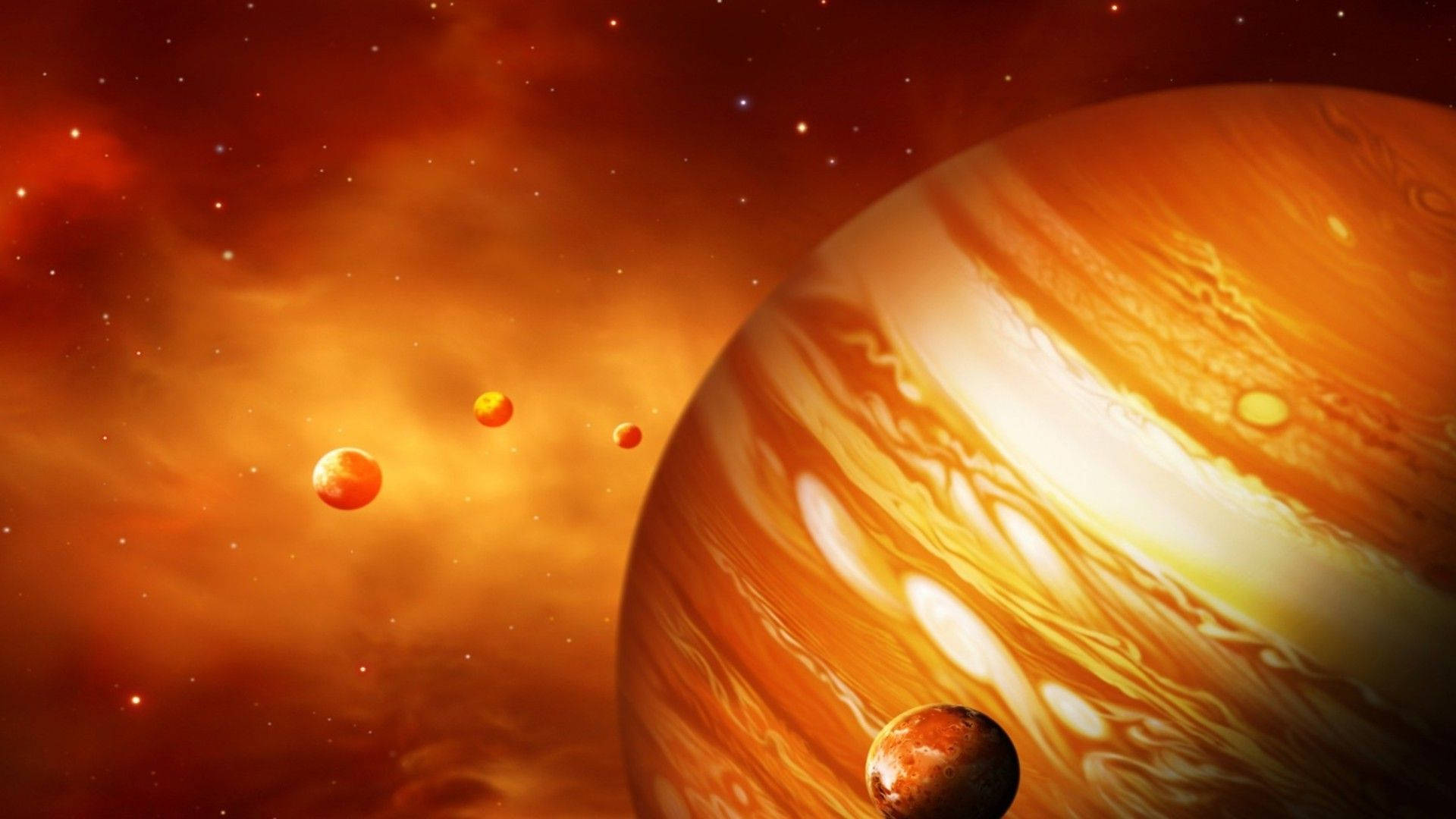 木星 桌布 壁紙 — 一個巨大的橙色和白色條紋氣體巨星主導著一個熾熱的星雲，附近有發光的恆星和較小的行星漂浮。