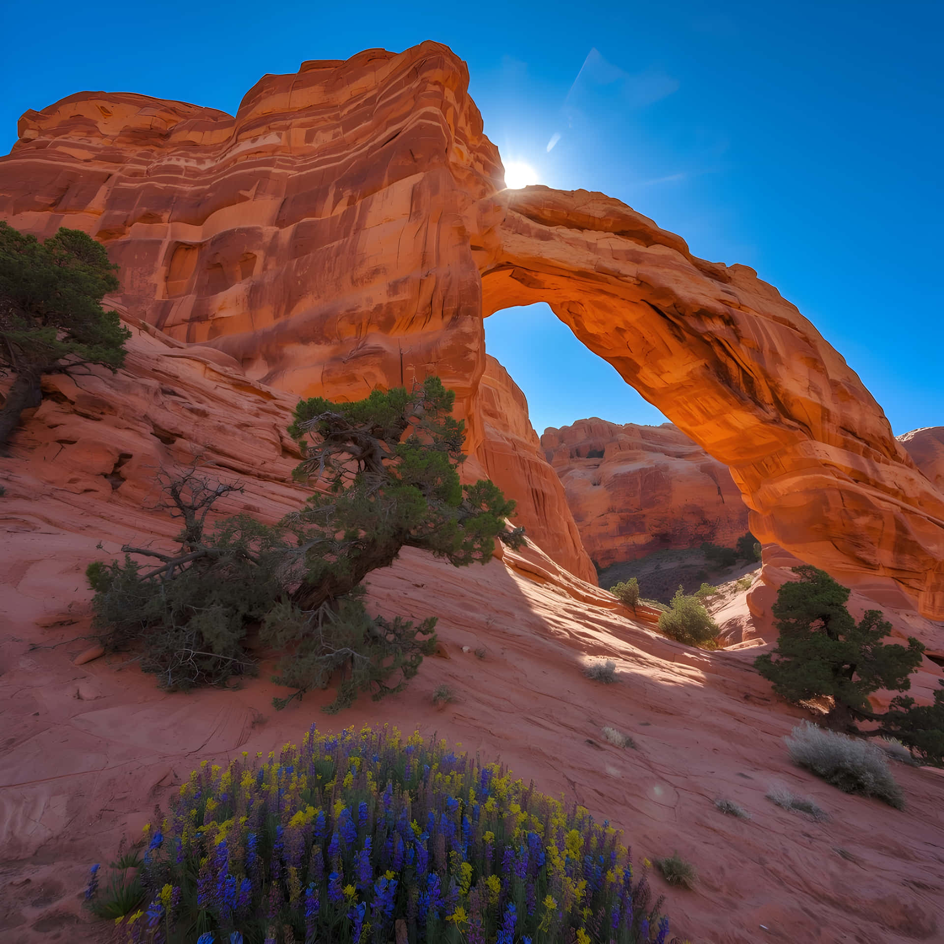 Epic Desert Landscape with Purple Wildflowers and Arch 壁紙 — 一個巨大的橙色砂岩拱門在明亮的陽光下發光，背景是藍天，前景是紫色和黃色的野花。