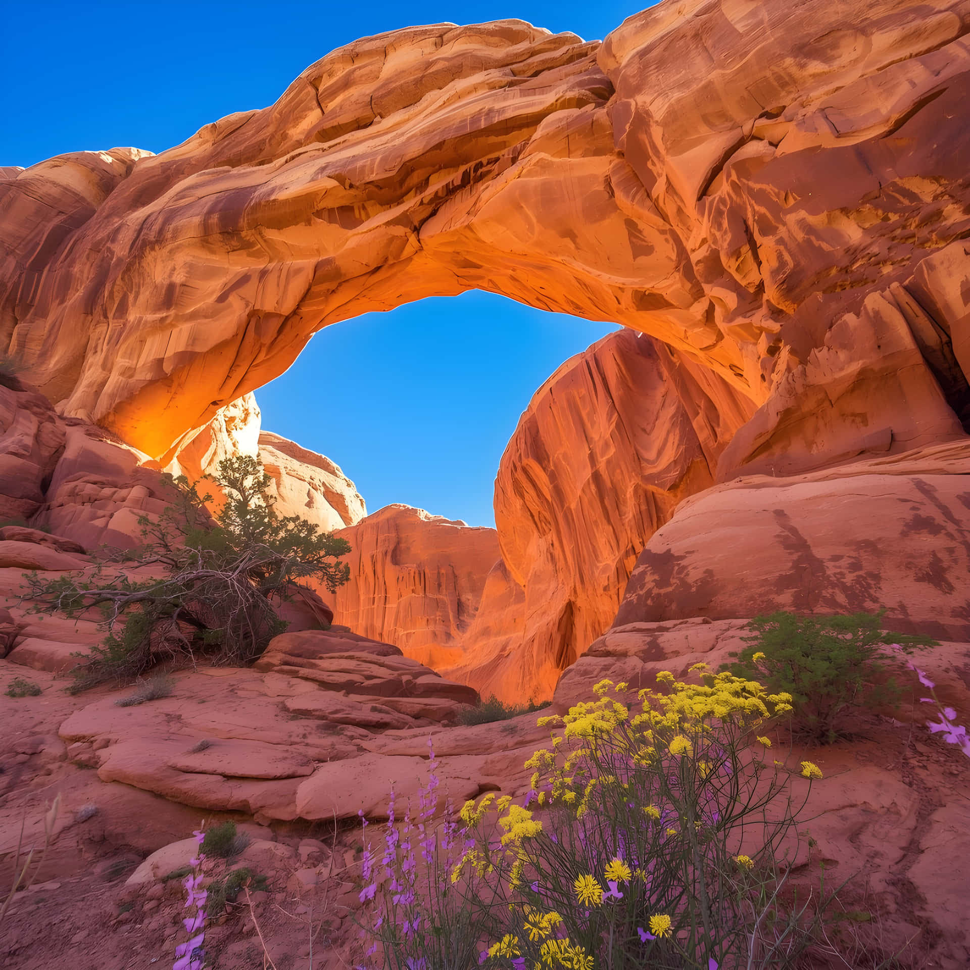 Blue Sky Through Natural Rock Bridge with Desert Blooms 壁紙 — 一個巨大的橙色砂岩拱門在清澈的藍天下溫暖地發光，前景有鮮豔的黃色和紫色野花。