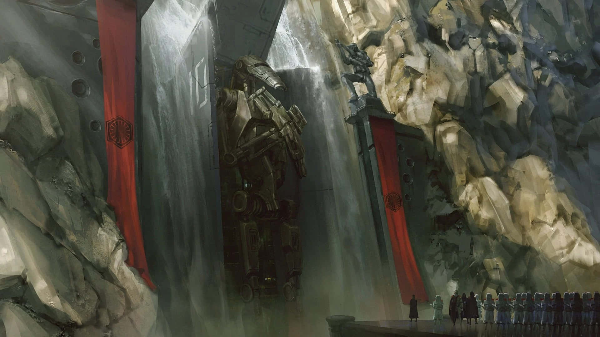 Droid Army 桌布 壁紙 — 一個巨大的機械步行者從山區洞穴中出現，一排人物敬畏地站在它面前。