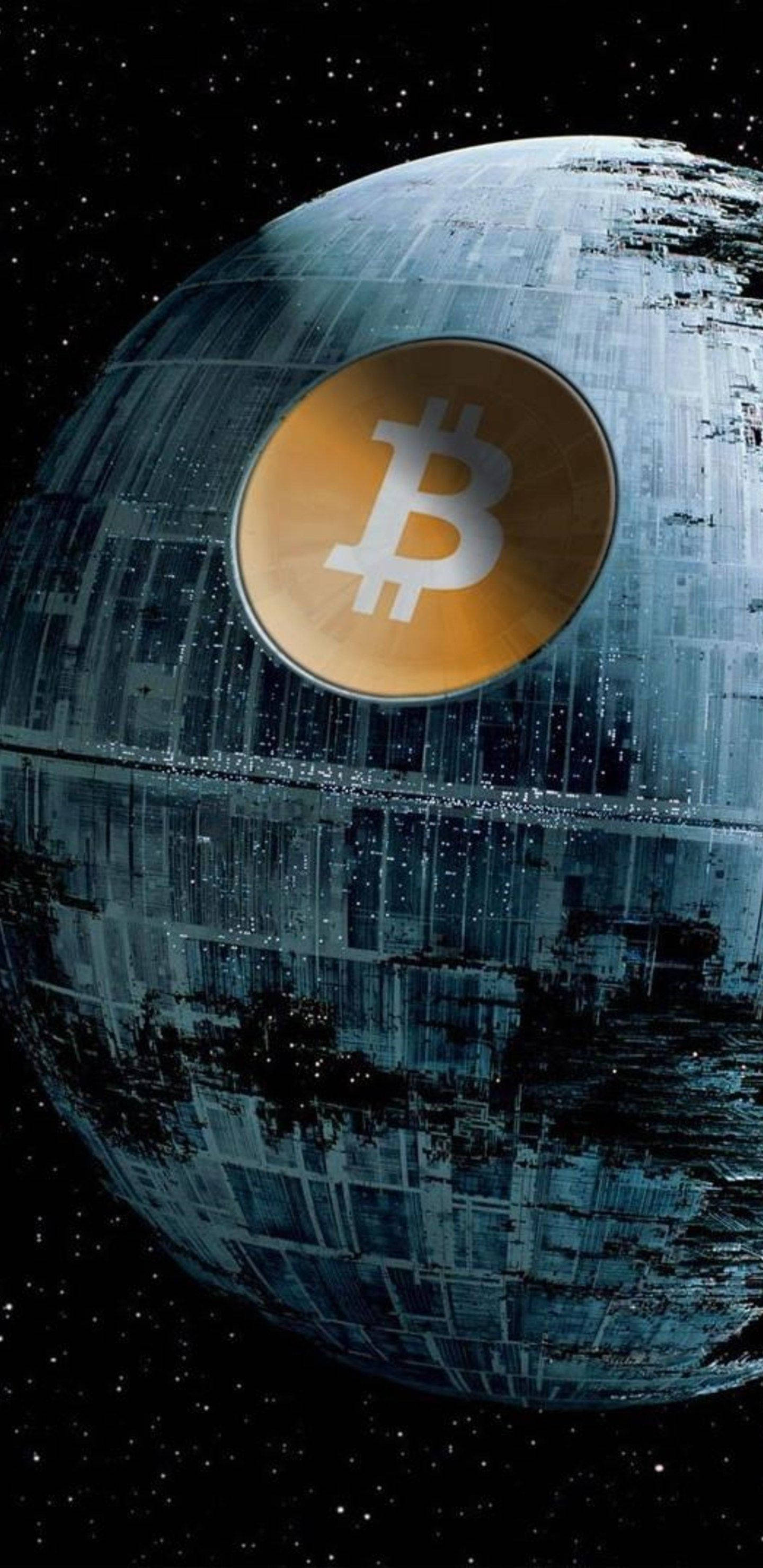 比特幣 桌布 壁紙 — 一個巨大的死星，表面嵌有發光的比特幣符號，漂浮在繁星點點的太空背景中。