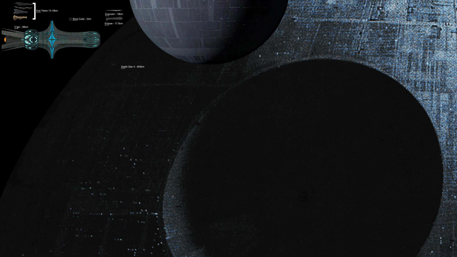Death Star Ii 桌布 壁紙 — 一個巨大的死星在太空中浮現，附近有星場和一艘小型太空船。