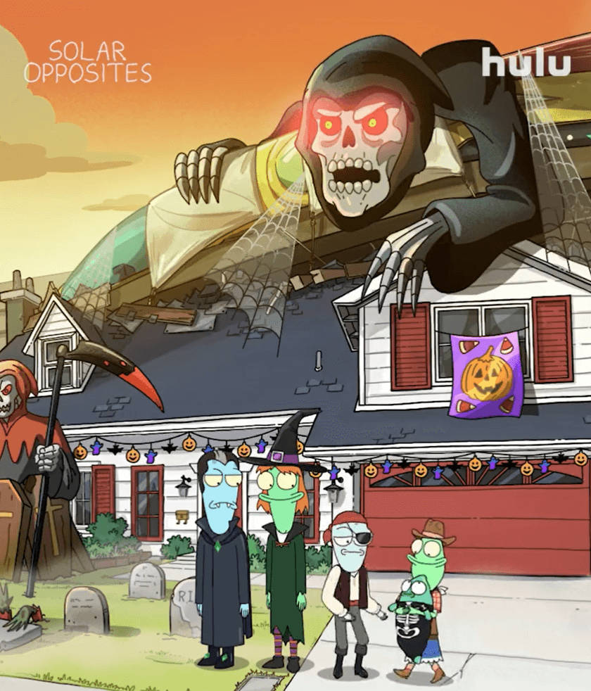 Animated 桌布 壁紙 — 一個巨大的死神籠罩著一間郊區房屋，四個穿著萬聖節服裝的卡通外星人站在它前面。