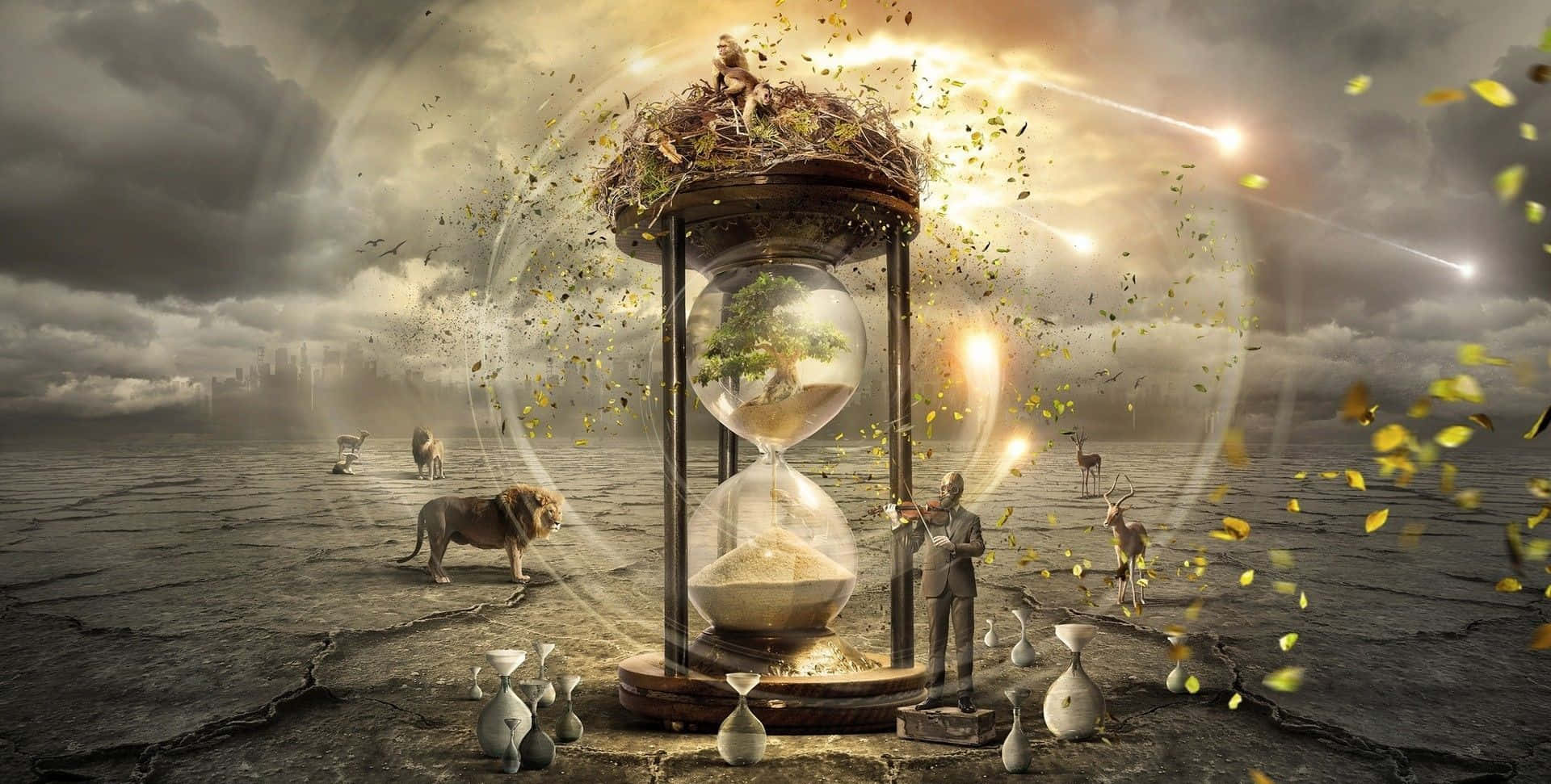 Time 桌布 壁紙 — 一個巨大的沙漏，裡面長著一棵樹，矗立在龜裂的荒地上，一個男人吹著笛子，動物們在暴風雨的天空下漫步，落葉飄飄。