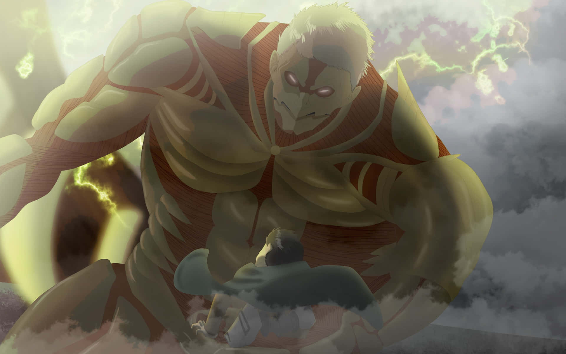 Armored Titan 桌布 壁紙 — 一個巨大的泰坦，眼睛發光，在暴風雨的天空和噼啪作響的閃電中俯視著一個小人影。