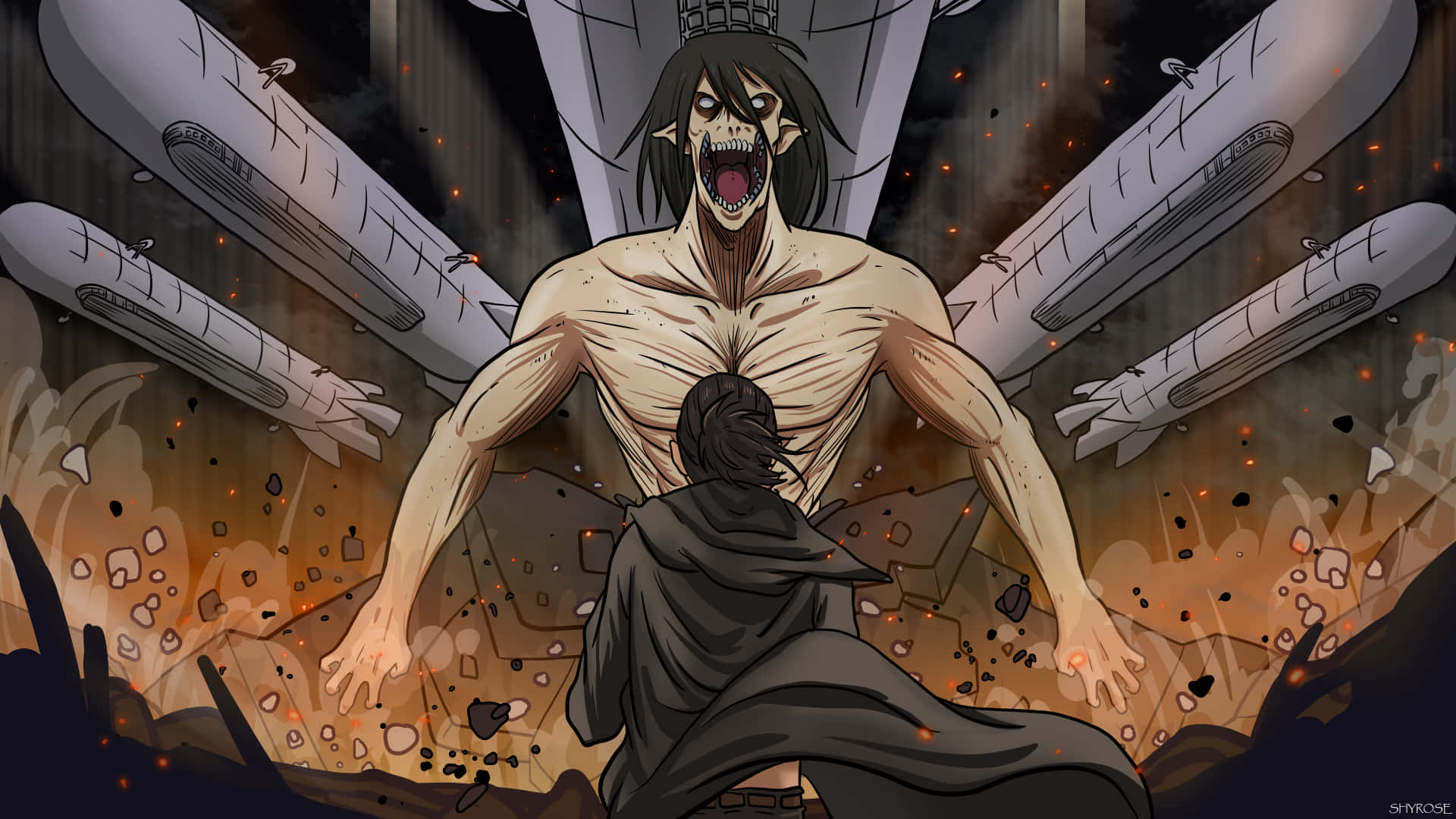 Attack On Titan Titan Eren 桌布 壁紙 — 一個巨大的泰坦咆哮著，一個披著斗篷的身影在破碎的瓦礫和墜落的導彈中面對它。
