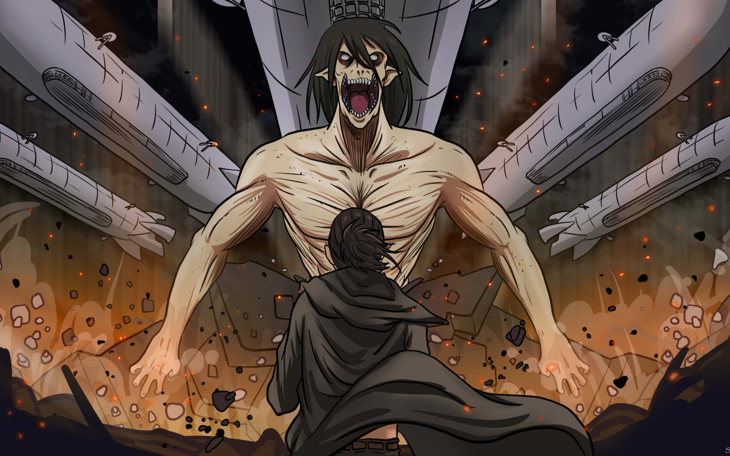 進擊的巨人 桌布 壁紙 — 一個巨大的泰坦咆哮著，一個身穿黑色斗篷的孤獨身影在破碎的瓦礫和墜落的導彈中面對它。